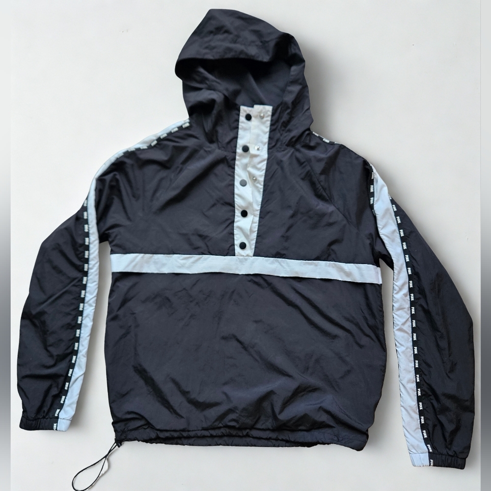 Victoria's Secret PINK Black and White Hooded Windbreaker Jacket Y2k Mid Lengrh